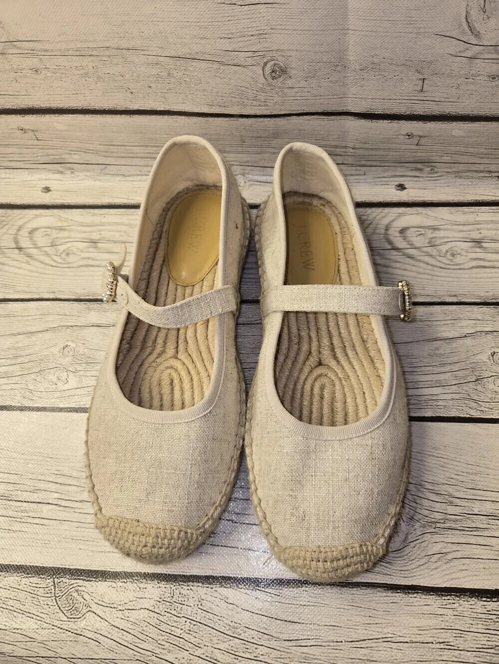 J. Crew Espadrille Mary Jane Flats 8 New Linen organic cork cotton garden